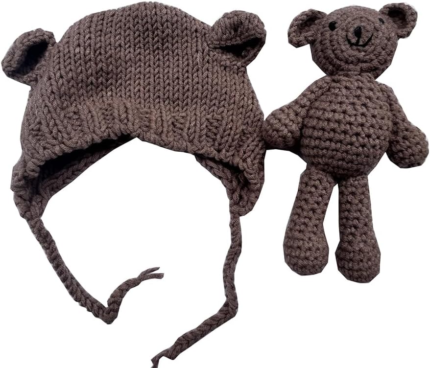 Newborn Baby Girls Boys Bear Hat Beanie with Bear Dolls Photography Accessories