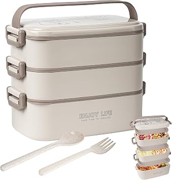 2700ml 3 Layer Bento Box with Fork & Spoon, 4-in-1 Lunch Box for Adults, Meal Prep Container Food Storage Box for Men Women Student School Office, Microwave Dishwasher Safe Available Khaki