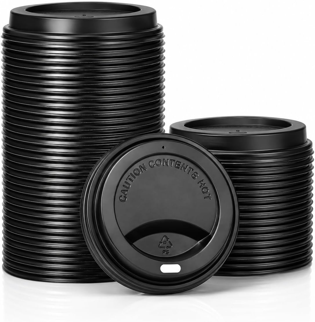 Signature Packaging Ripple Coffee Cup Lids, Quick Snap for Hot Takeaway Drinks, Universal Fit for Single & Double Wall Paper Cups, Disposable for Catering & Home Use - 12oz / 16oz, Pack of 100 - Black