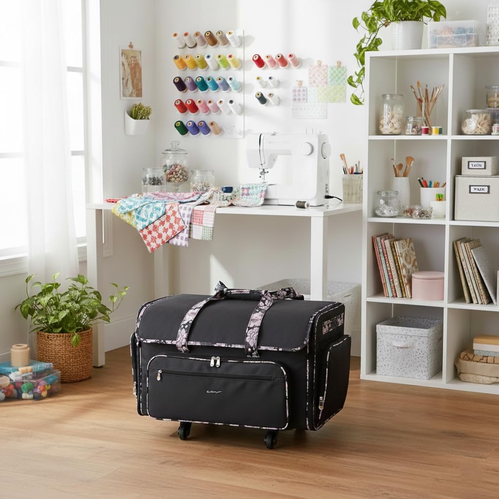 Everything Mary XXL Rolling Sewing Machine Case – Black & Floral Trim Wheeled Craft Bag – Spacious Organizer with 4 Wheels & Multiple Pockets for Sewing Supplies - Image 2