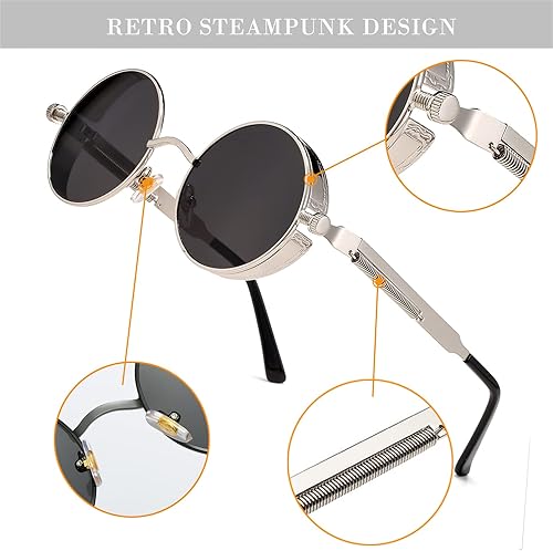 Miniatura 8 de HJSTES Gafas de sol redondas estilo steampunk vintage para mujeres y hombres, gafas góticas circulares, marco de metal retro