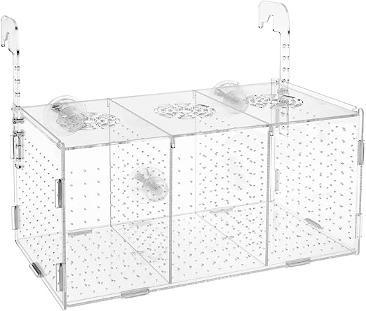Fish Breeding Box, Acrylic Fish Isolation Box Aquarium Hatchery Incubator with Suction Cups for Newborn Fry Shrimp Guppy Clownfish Aggressive Fish, 11.5" x 6" x 6"