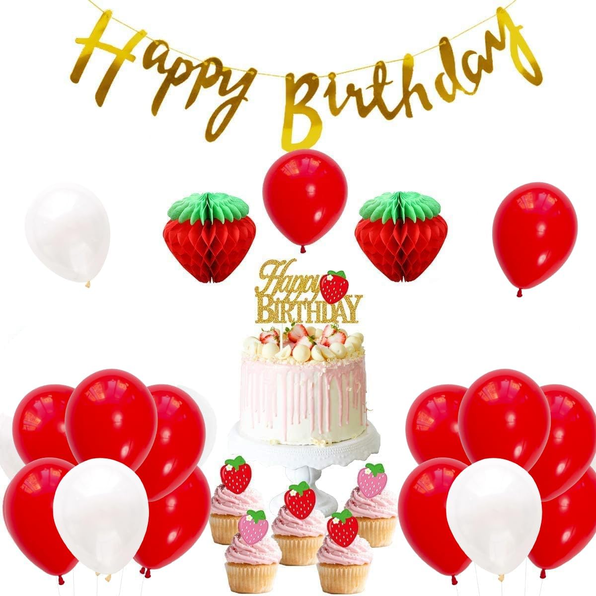 36 Pcs Strawberry Theme Birthday Party Decoration Strawberry Paper Honeycomb Ball, Happy Birthday Banner Foil Balloons, Cake Toppers for Summer Fruit Themed Party Supplies