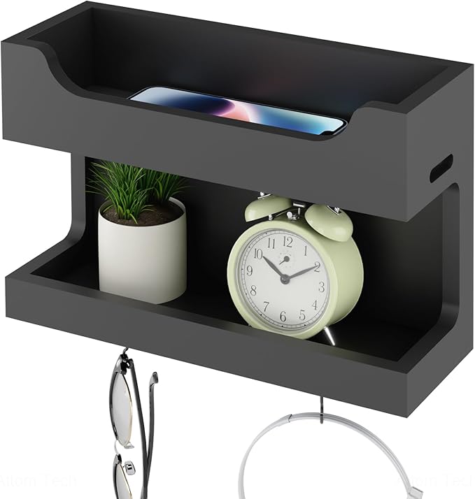 NiHome Wall Mounted Wooden Bedside Accessories Organizer, Double Tray Bedside Storage Shelf Rack with Magnetic Hooks, Bedroom Dorm RV Wall Caddy Holder for Phone Glasses Alarm Clock Remote (Black)