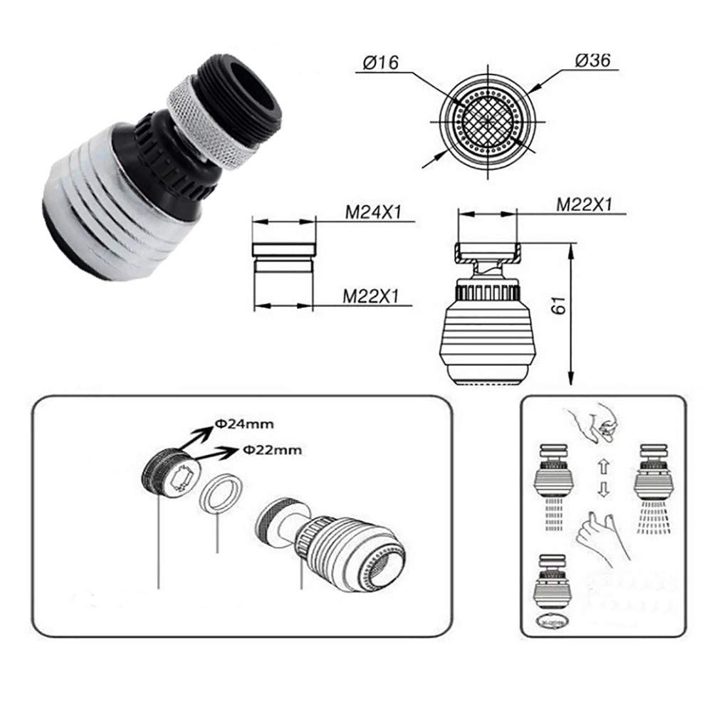 Aireador de Grifo Giratorio de 360 Grados, aireador de Fregadero de Cocina de latón Macizo, aireador de Grifo Giratorio de ángulo Amplio, Filtro de Ahorro de Agua de lat