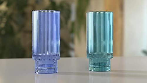 Miniatura 7 de Ruston Goods LLC Cristalería acanalada (5.5 x 2.8 pulgadas, capacidad de 8 onzas)  Vasos azules acanalados  Cristalería Art Deco aptos para
