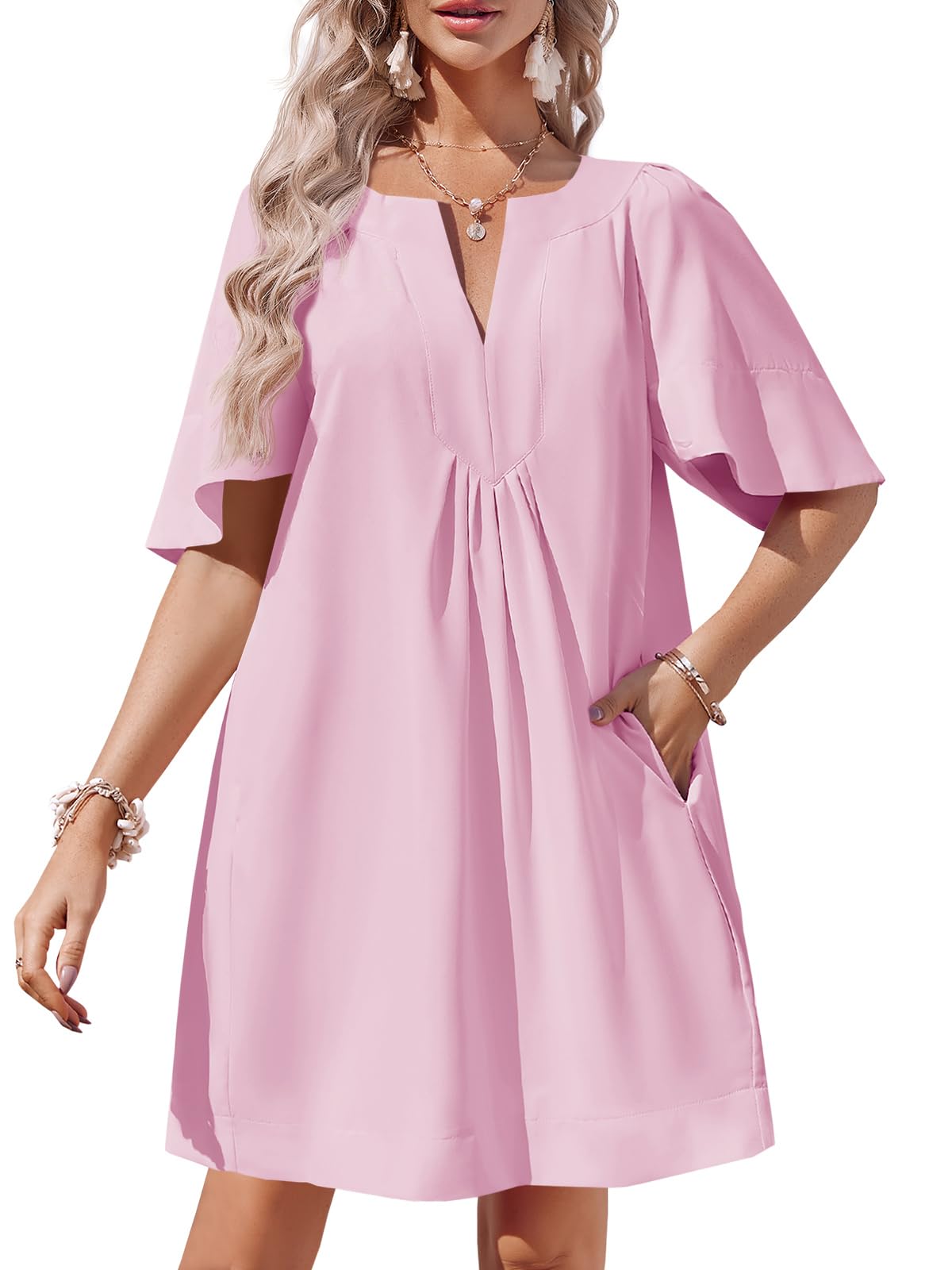 Wenrine Womens Flutter Short Sleeve Mini Dress Casual V Neck Loose Flowy Summer Dresses