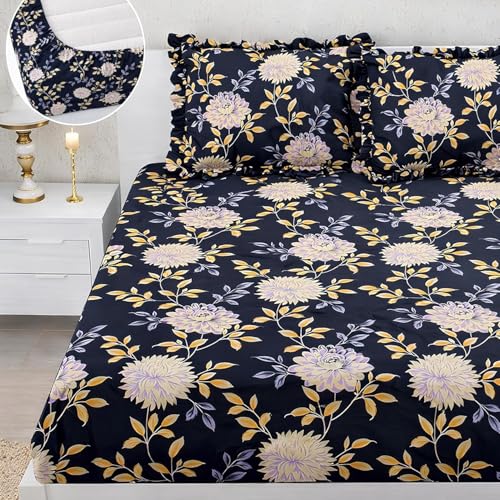 Image of 350 TC Premium Heavy Cotton Feel Elastic Fitted Bedsheet King Size with 2 Frill Pillow Covers King Size || Double Bed with All Around Elastic (Floral, Queen)