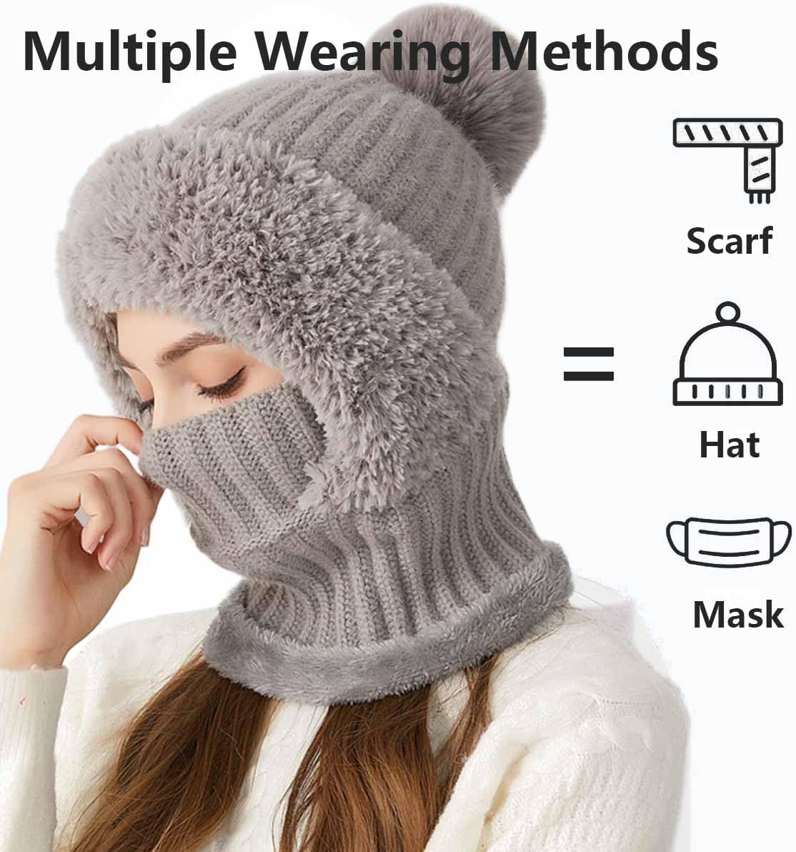 3 in 1 Beanie Hat with Scarf and Mask, Upgrade Women's Knitted Ski Hat, Winter Cold Resistant Hat Face Mask Hooded Scarf - Image 2