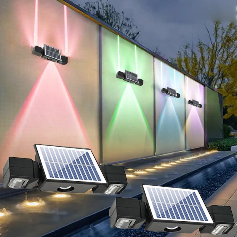 Fence Lights Solar Powered, 80LM Up/Down Solar Fence Lights Outdoor with 8 RGB Beam Modes, 3 Heads Dusk to Dawn Deck Light, IP65 Waterproof Outdoor Decor for Backyard/Wall/Step/Railing/Patio, 2-Pack