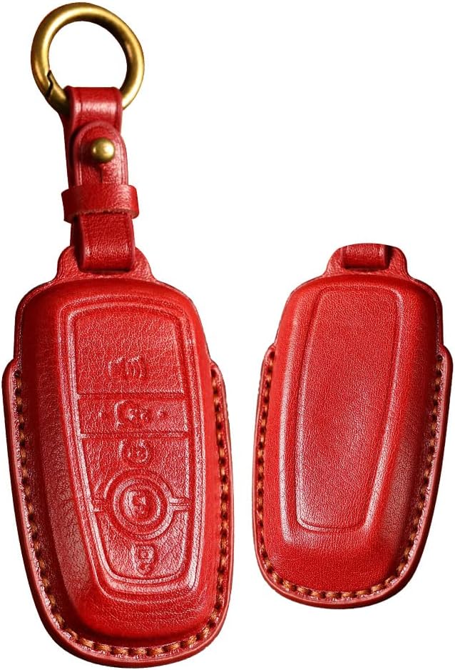 ontto 5-Button Leather Key Cover Fit for Ford Mustang Fusion Explorer Escape Stylish Key Fob Holder Protector Red