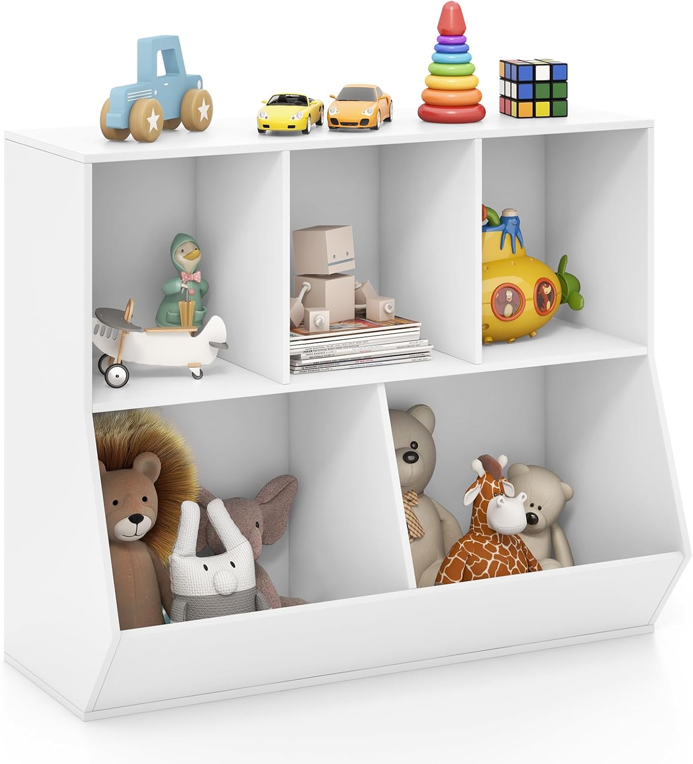 HONEY JOY 5-Cubby Toy Storage Organizer with dimensions and key features.
