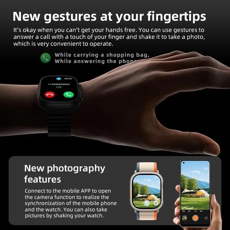 Smartwatch demonstrating gesture control for calls and remote photography