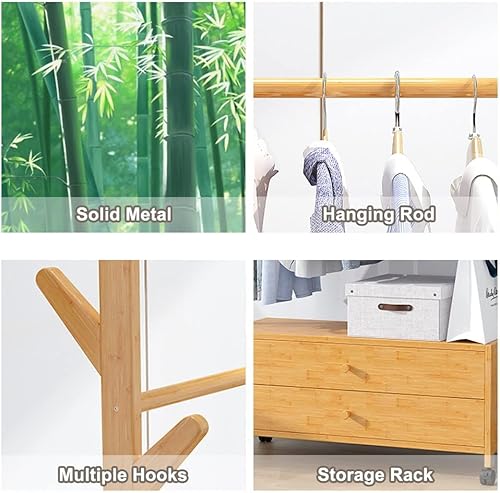 Miniatura 4 de Perchero independiente resistente, perchero de bambú con ruedas, ideal para almacenamiento de ropa de dormitorio (color madera 24.8 x 11.4 x 64.2in)