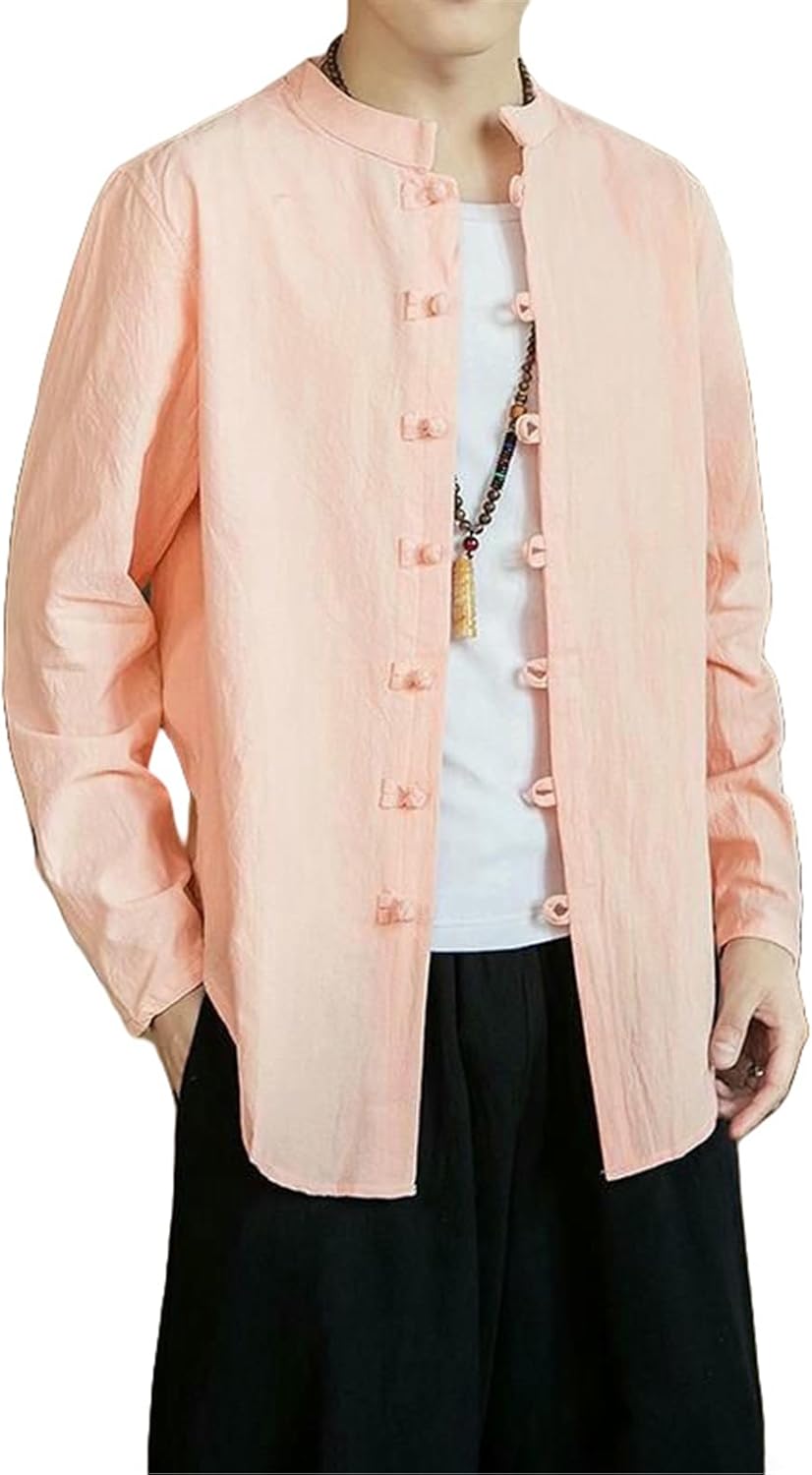 Men's Chinese Style Tang Suit Linen CottonFrog Button Long Sleeve Shirt Chinese Tunic Suit Style
