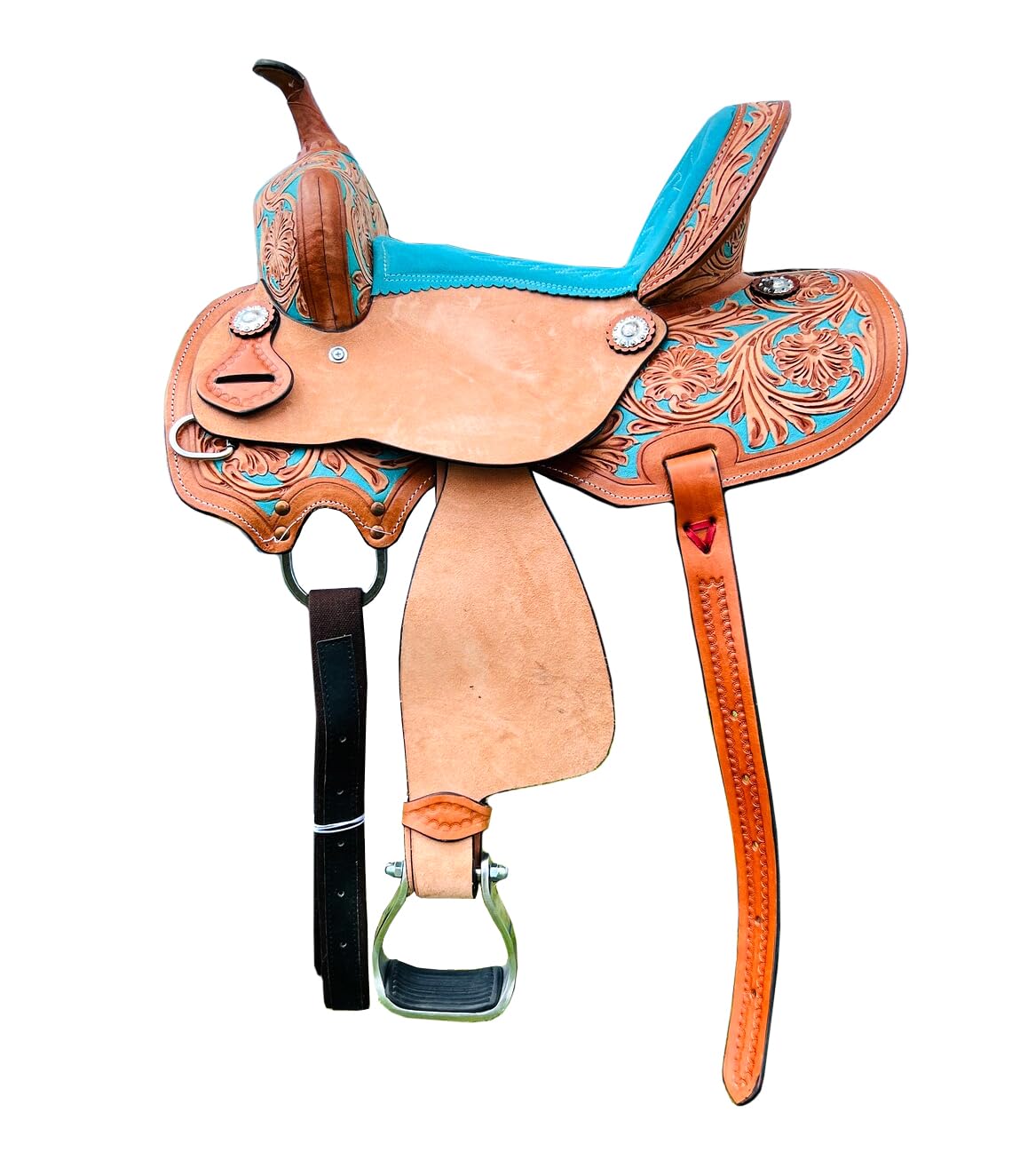 Pony - Sella per bambini in pelle ruvida, in pelle scamosciata, dimensioni da 20,3 cm a 45,7 cm, sella con lavorazione floreale e conchiglie argentate