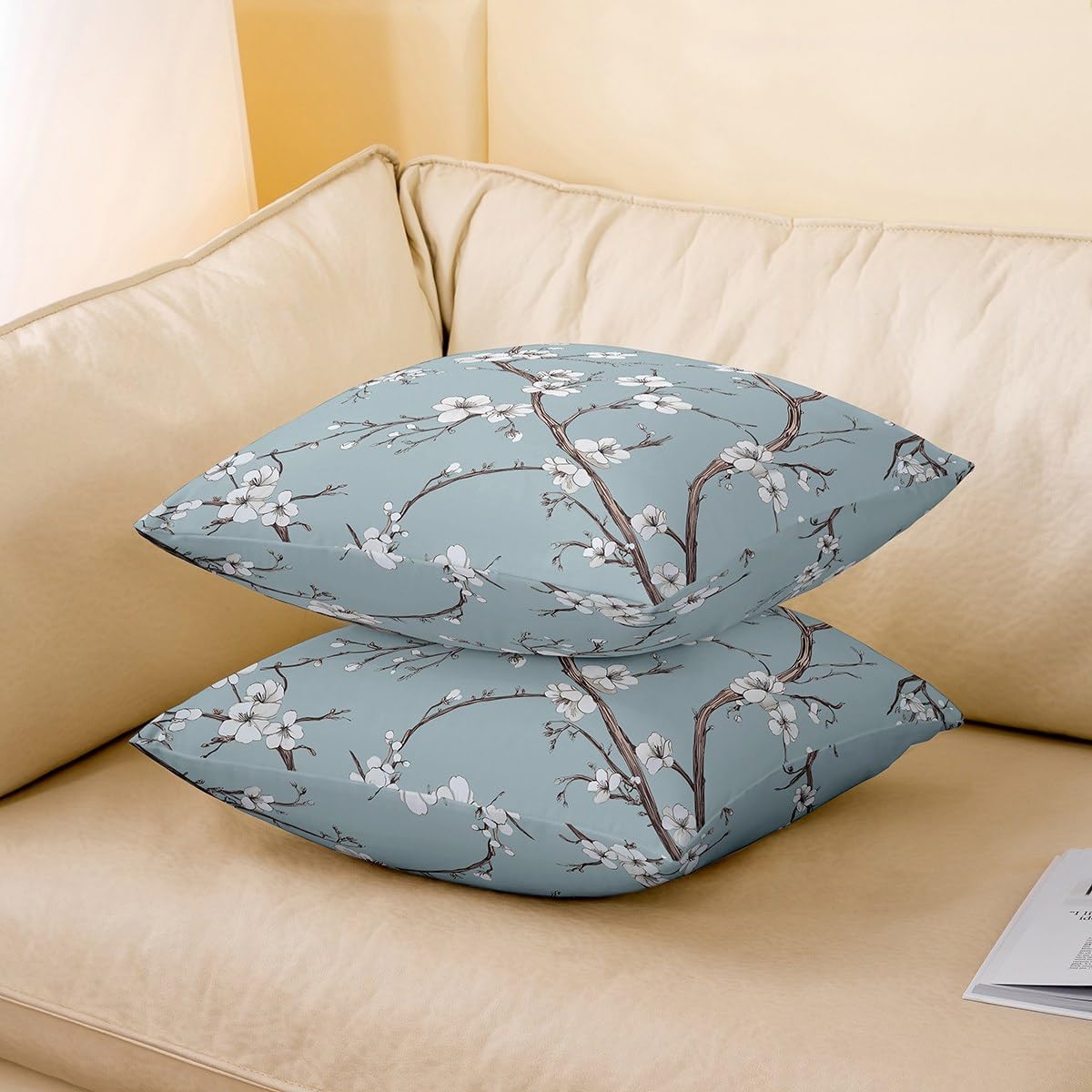 Erosebridal Cherry Blossom Throw Pillow Cover 24x24 Inch,Chinoiserie Chic Cushion Cover,Elegant Floral Branches Cushion Case,Spring Garden Flowers Plum Decorative Pillowcase,Grayish Blue