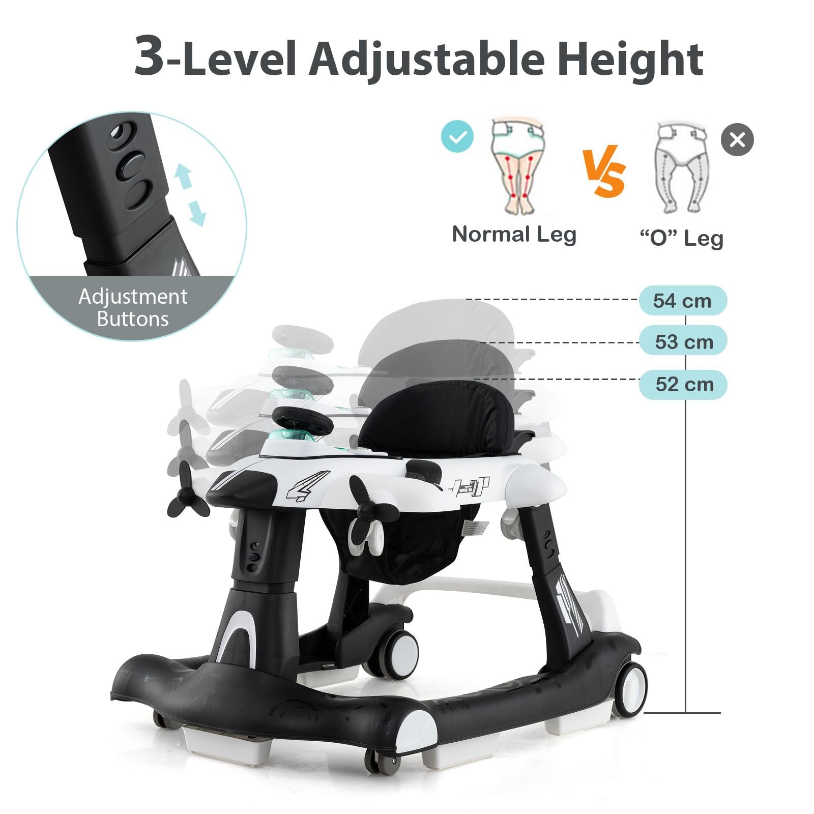 LIFEZEAL Girello per Neonati e Bambini 6-18Mesi, Primi Passi, Baby Walker, con Scatola Musicale, Vassoio per Mangiare, Ruote Silenziose, Altezza, Velocità Regolabili, Pieghevole, Trasformabile, Bianco