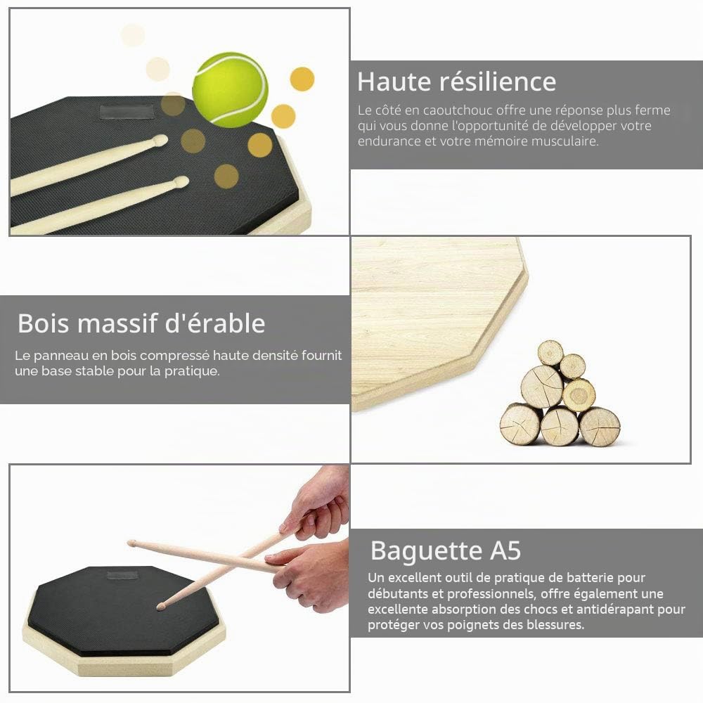 Pad Entraînement 8 Pouces, Caoutchouc et Bois Drum Practice Pad Kit pour Débutants et Professionnels avec 2 Pilon