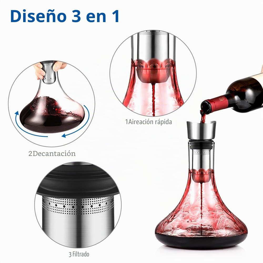 glastal Decantador de Vino con Aireador y Filtro Incorporados, Decantador de Vidrio con Aireador, Jarra de Respiración de Vino, Vertido sin Goteo 1800 ml / 63.3 oz (Capacidad Total)