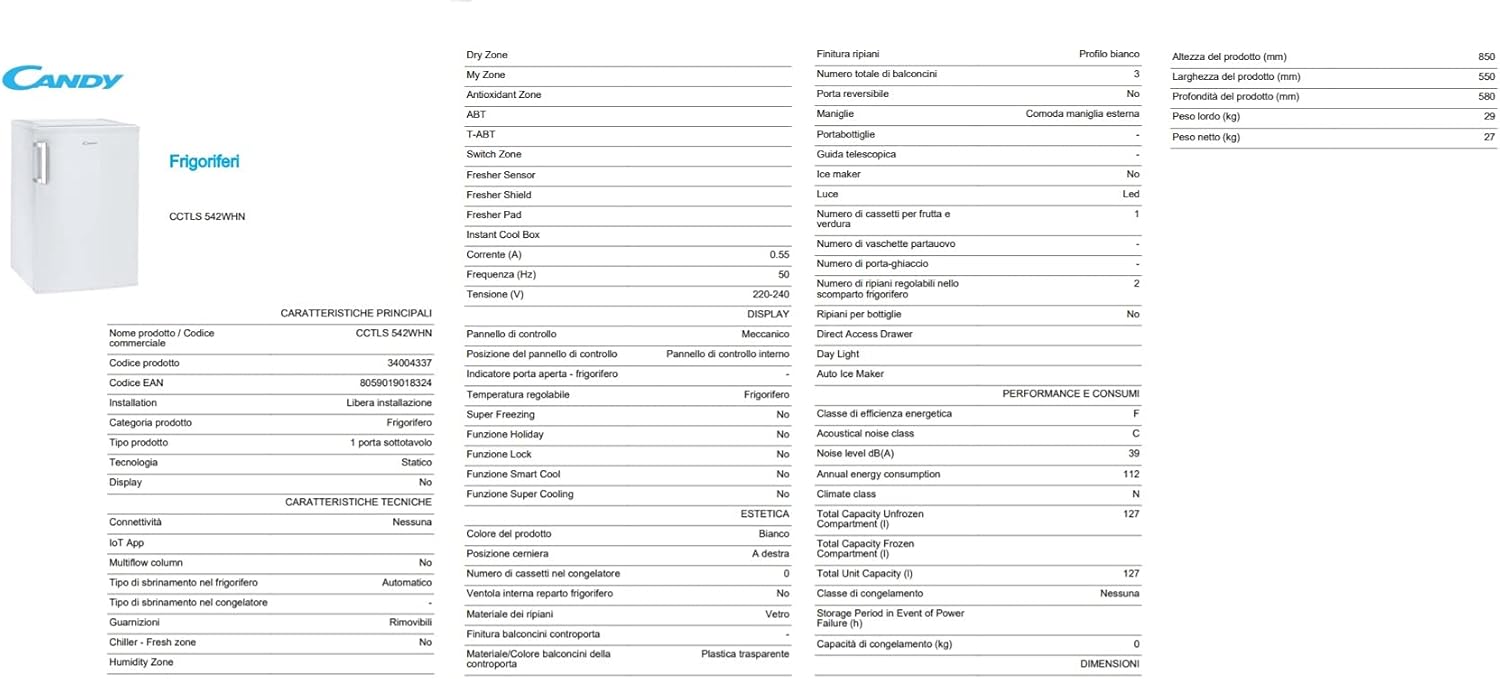 CANDY - CCTLS 542WHN, Mini frigorifero senza congelatore, 127 litri, 39 dBA, illuminazione LED, larghezza 55 cm, bianco [Classe di efficienza energetica F]