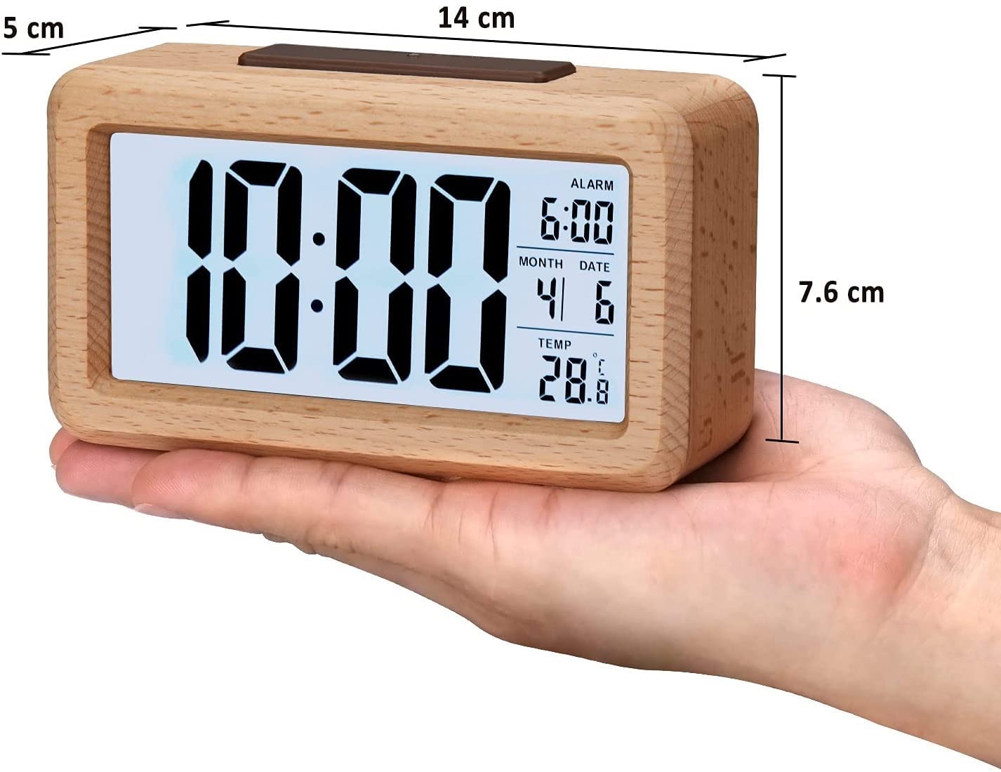 JJJ WTL Budzik duży wyświetlacz LED, budzik z motywem słojów drewna, inteligentny czujnik lampka nocna, drzemka i temperatura, zasilanie bateryjne, prostopadłościan budzik do sypialni (kolor: Beżowy)