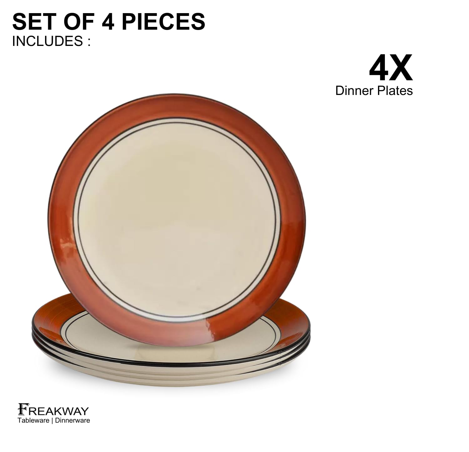 Freakway Glossy Finish Brown and White Handcrafted Ceramic Dinner Plates 10 Inch Set of 4 Pieces | Microwave & Dishwasher Safe - Multicolor 1