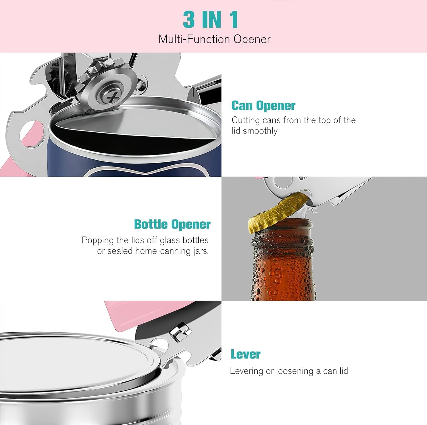 Apriscatole con magnete, apriscatole manuale professionale 3 in 1, multifunzione, apribottiglie, da cucina, in acciaio inox, resistente, con bordo liscio, per cucina e anziani (6D, rosa)