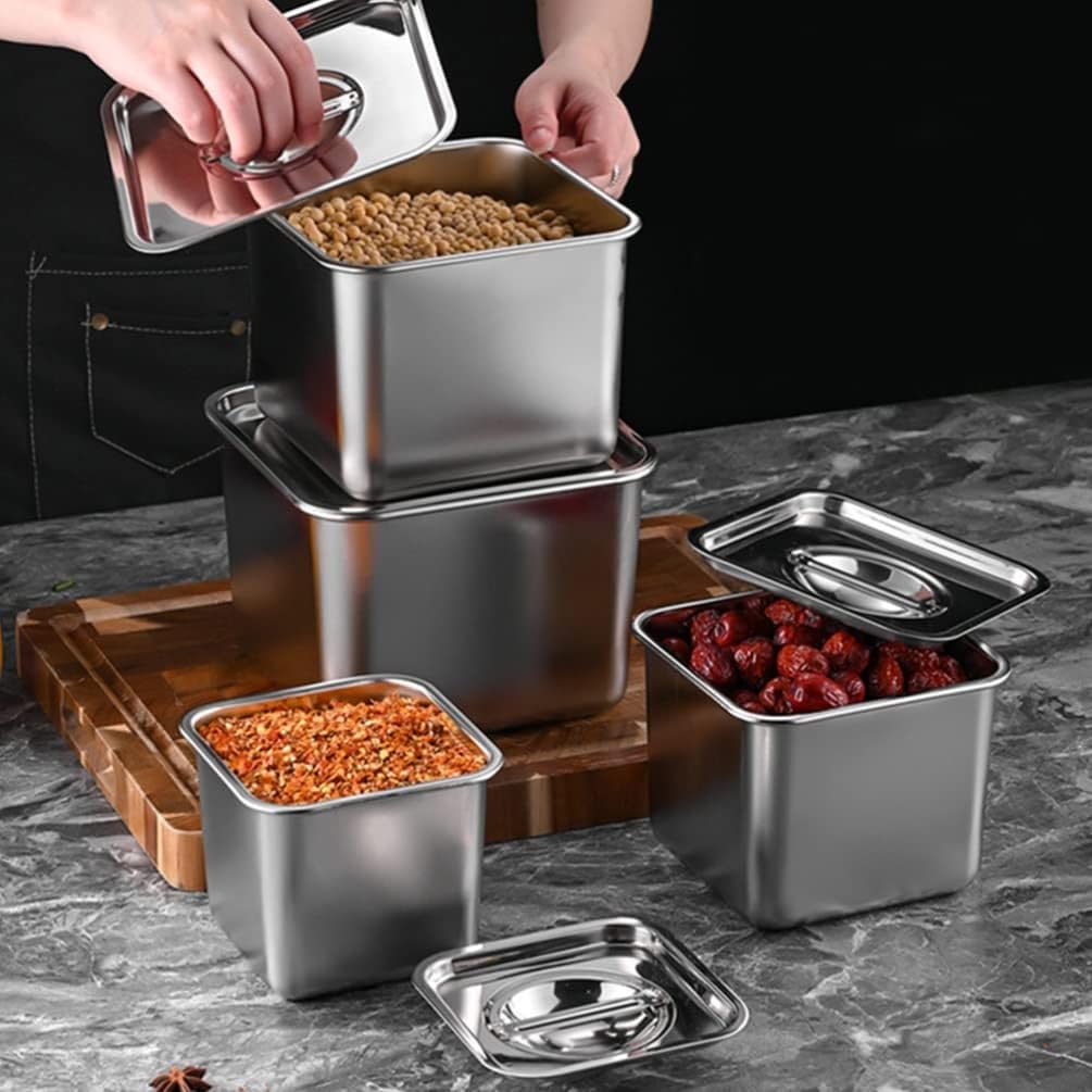 Tarro de condimento cuadrado Recipiente de condimento de acero inoxidable Caja de sal de pimienta Especias Recipiente de azúcar con tapa Granos de café Titular de té para el hogar Cocina 16 cm
