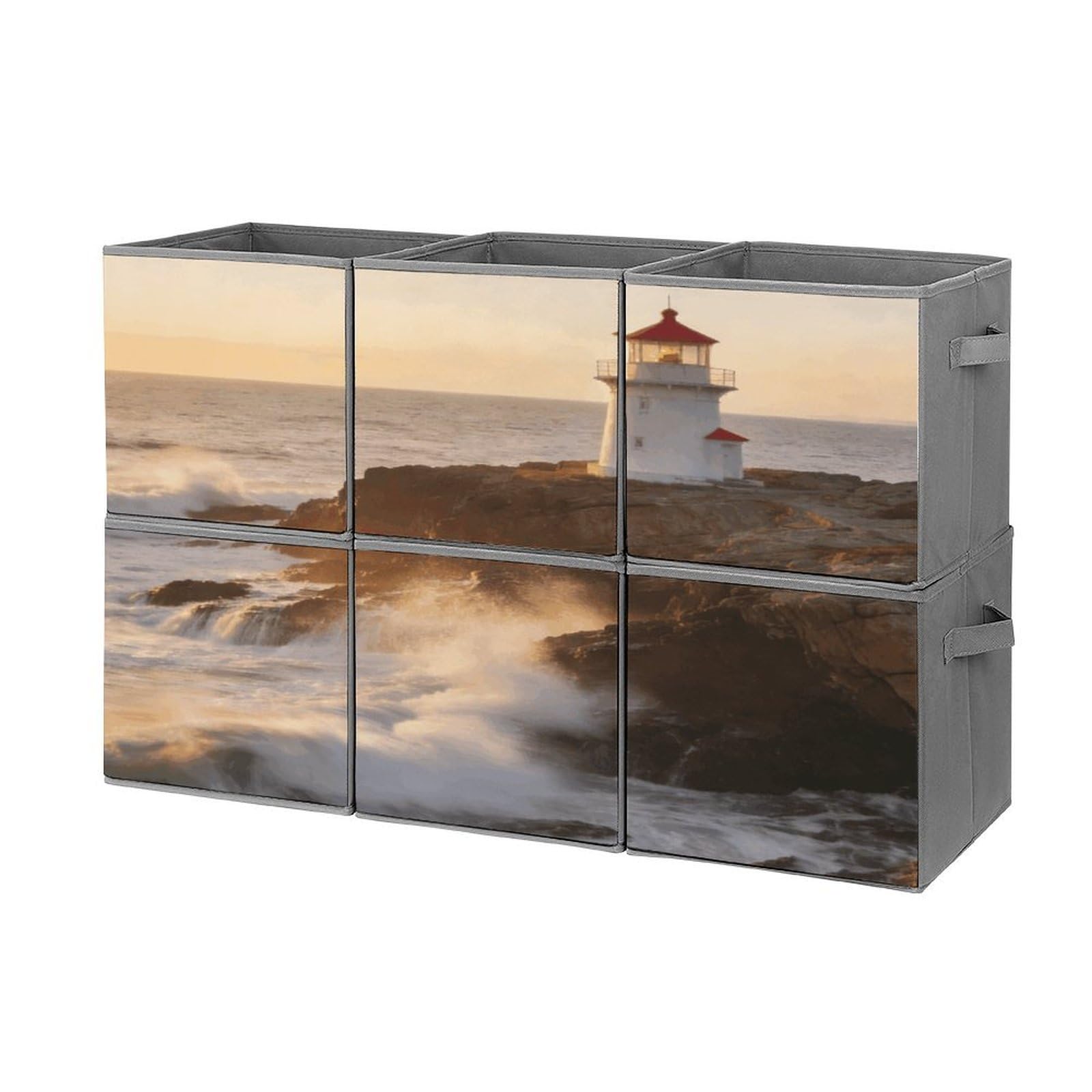 Fodpand Style Lighthouse Waves Cube Bins With Double Handles,Set Of 6 Cube Organizer, Stackable And Foldable Storage Bins For Organization, Closet, Shelves, Offices