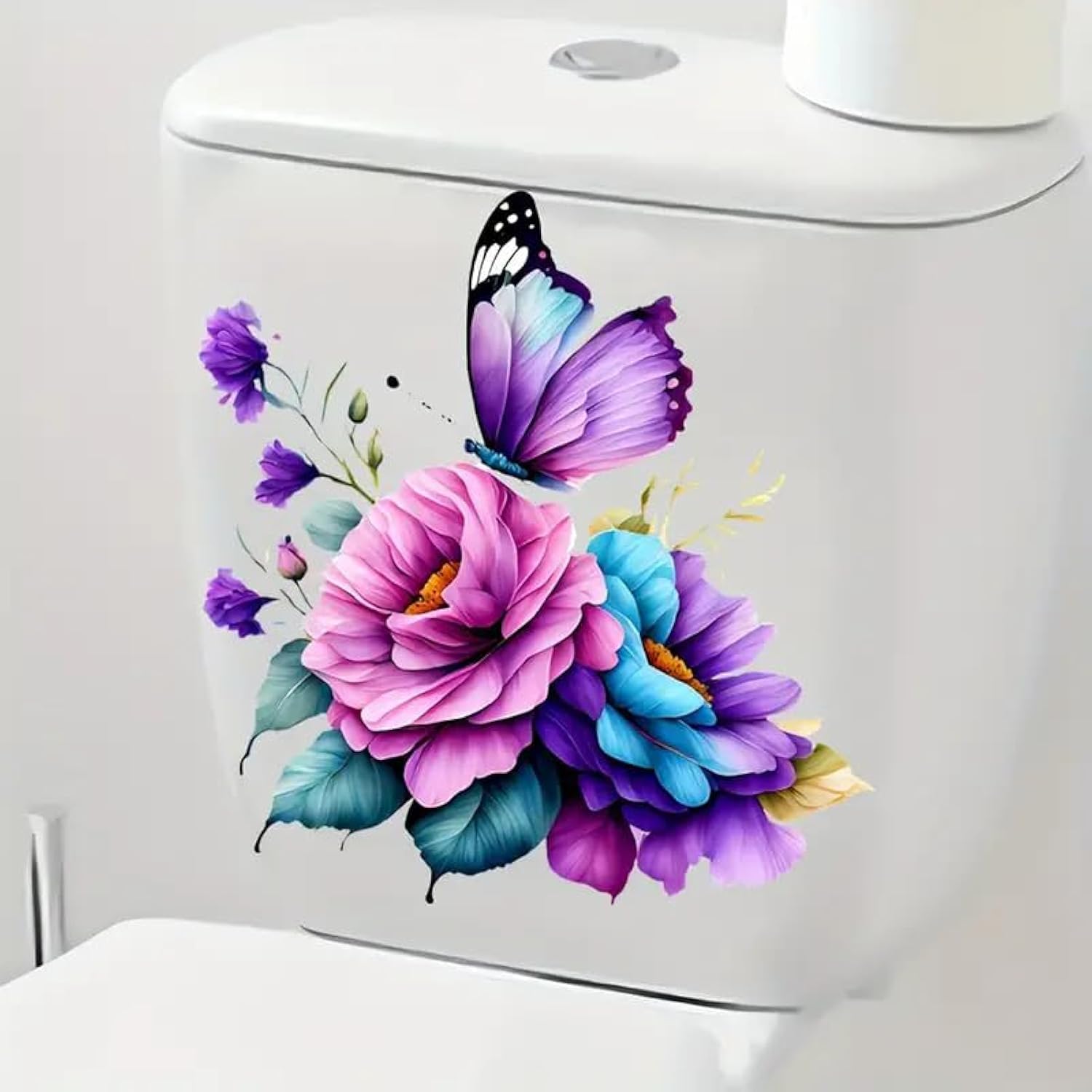 Yqtwlkjic Color Butterfly Rose Flower Leaf Toilet Cover Sticker Decals Waterproof Toilet Lid Tank Seat Decals Cistern Self-Adhesive Bathroom Wall Sticker