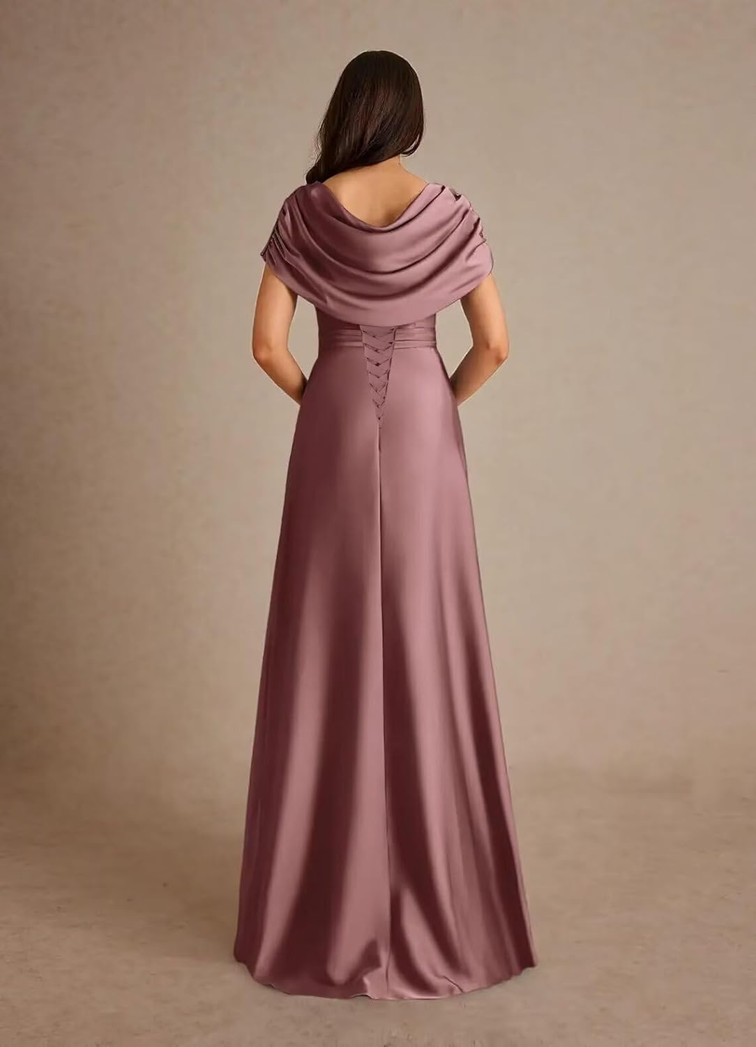 Women's Satin Mother of The Bride Dresses Long for Wedding Cape Sleeves Ruffles Formal Evening Gown with Slit