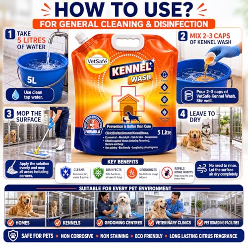 Image of VetSafe Kennel Wash 5 litre (5L) | Concentrated Kennel Cleaner & Pet Floor Cleaner | Odour Neutralizer & Pet Area Freshener | Safe for Dogs & Cats | Kennel, Cage, Floor & Pet Area Sanitizer