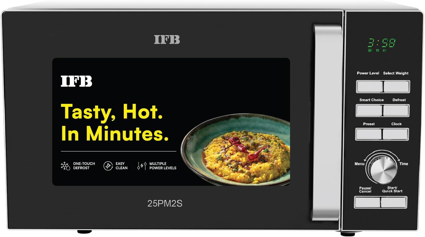 25L Solo Microwave Oven with 61 Auto Cook Menus (25PM2S, Silver, Easy to use Jog dial & Buttons, Mug Recipes, Steam Clean, Auto Reheat, Preset Timer, Power Save, Multi-Stage Cooking)