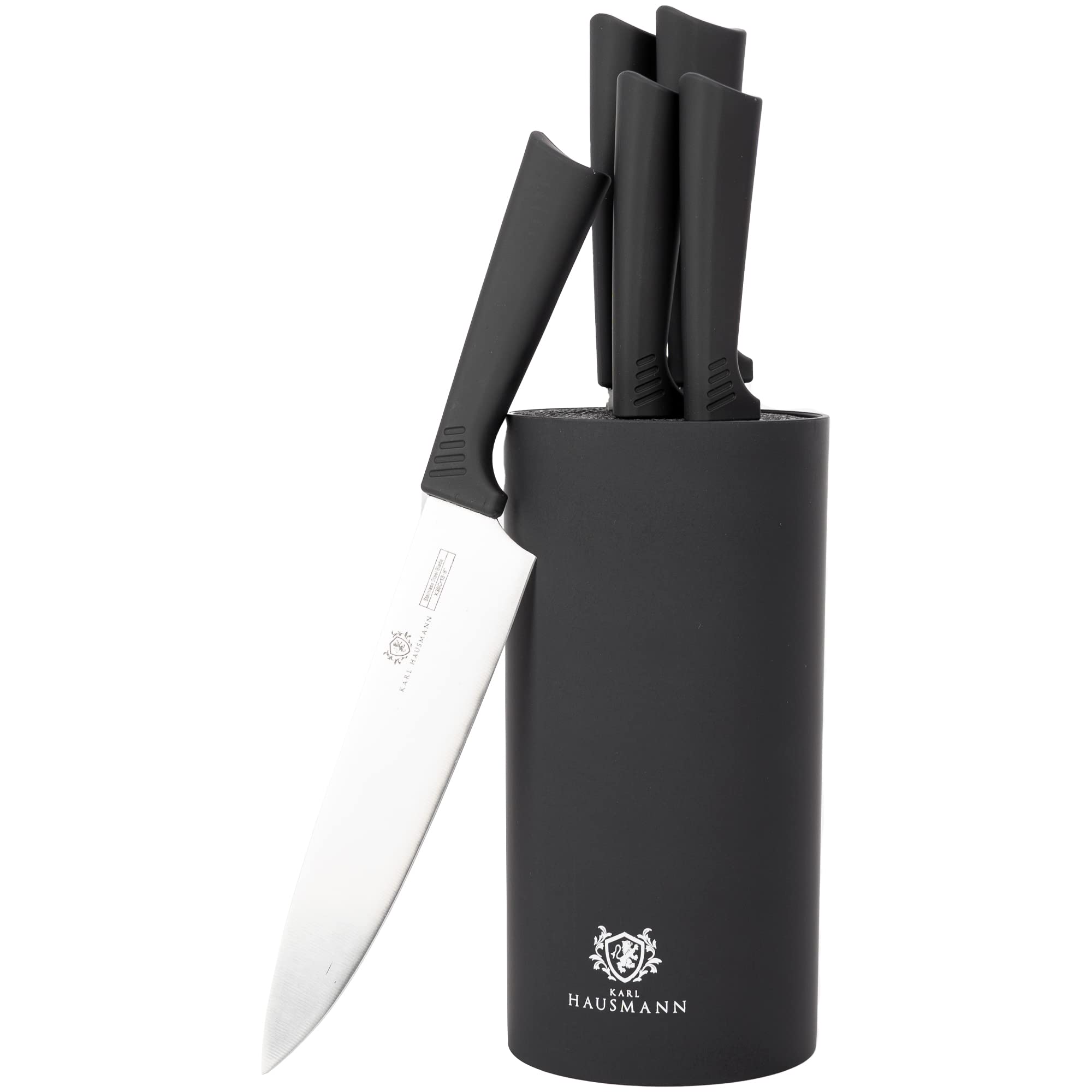 KARL HAUSMANN Messerset 6-teilig mit Messerblock - 5 Küchenmesser Set aus Edelstahl - Messer Set Küche mit Kochmesser, Brotmesser & Universalmesser - Scharf - Schwarz Block