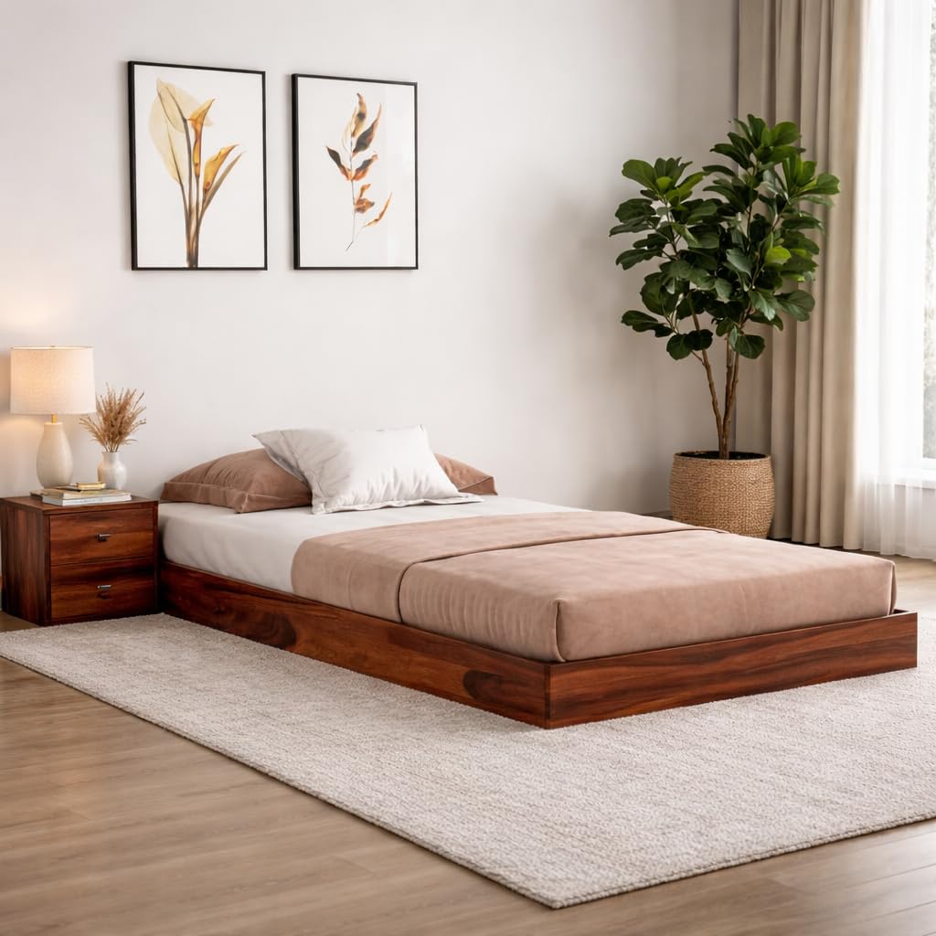 Solid Sheesham Wood Single Bed for Bedroom | Low Height Wooden Cot with Strong Frame | Modern Minimalist Bed for Home & Hotel (Natural Finish)-image-21