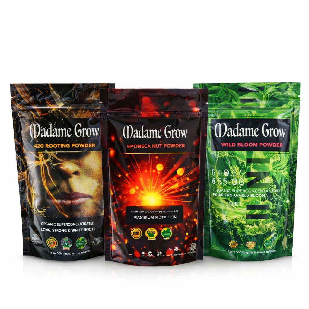 MADAME GROW Power Roots y Bloom Kit, Rooting Powder 100 g + Wild Bloom Powder 100g + Eponeca Nut Powder 100 g, Enraizante, Abono y Fertilizante para Plantas, Sustratos Suelo y Plantas