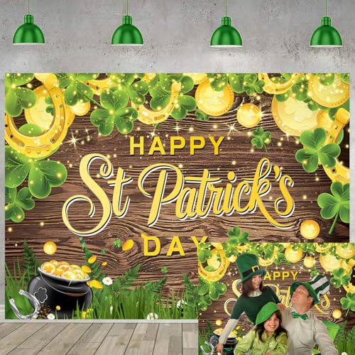 Toile de fond « Happy St. Patrick » – Fond en trèfle vert pour photographie – Bannière rustique en bois porte-bonheur pour festival de la Saint-Patrick – Bannière de fête pour cabine photo (2,1 x 1,5