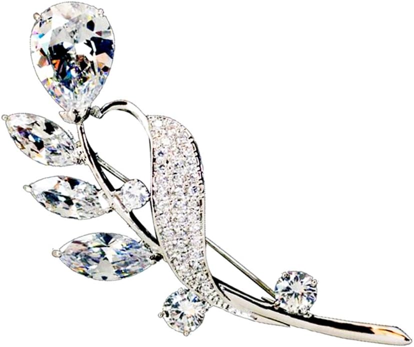 Hanie Women Brooch Silver Flower Pin White Cubic Zirconia with White Gold Plated Stainless Steel Chain can Also wear as Necklace Suitable for Dress Shirt Suit Sweater Coat as