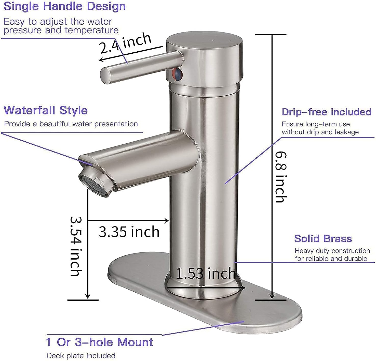 Brushed Nickel Bathroom Faucet Single Hole Single Handle Water Saving Lavatory Vanity Sink Faucet with Cover Plate with Pop Up Drain with Overflow Mixer Tap Supply Line