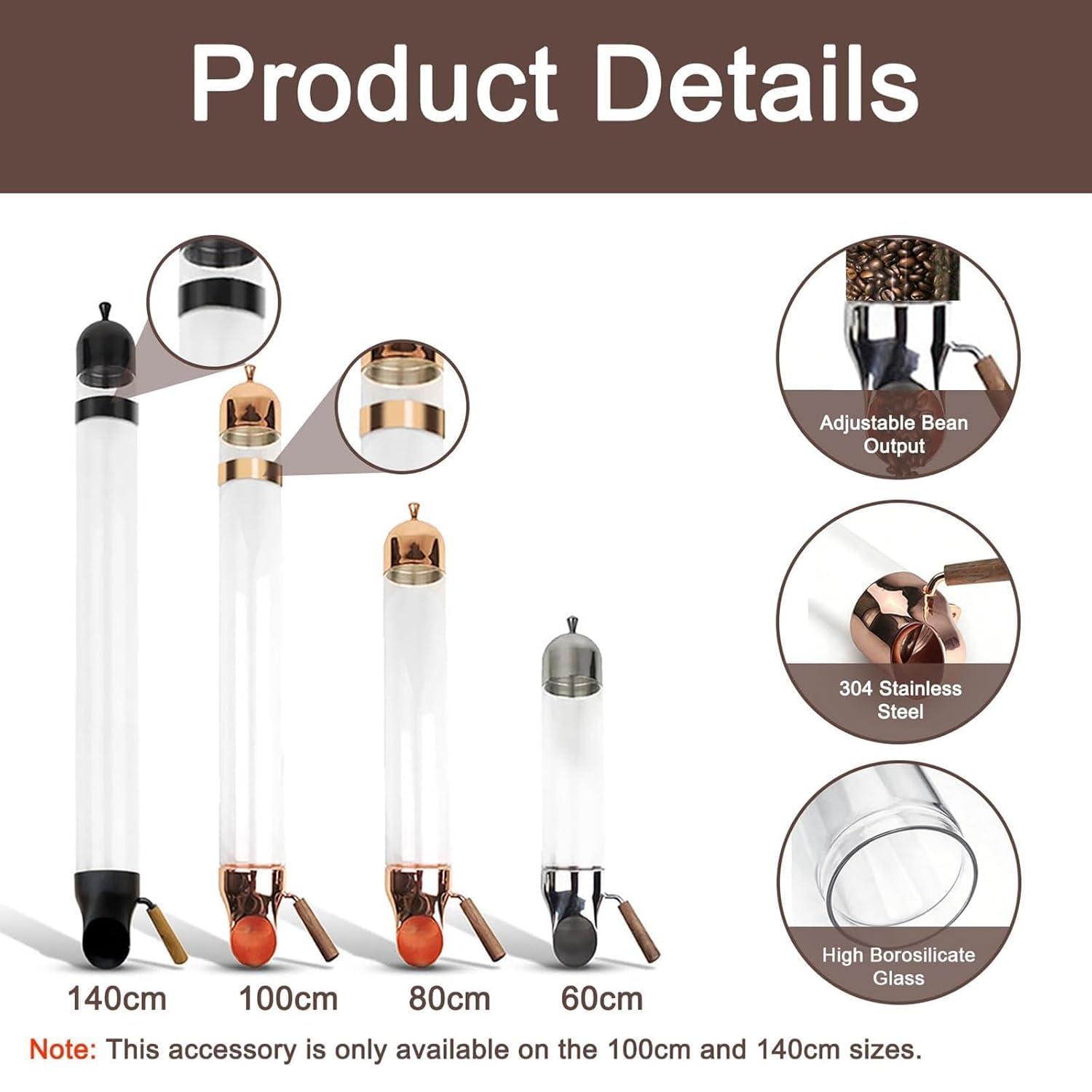 Distributeur de grains de café, récipient de rangement mural en acier inoxydable avec tube en verre, sortie réglable pour café, bonbons, thé, 9 cm de diamètre