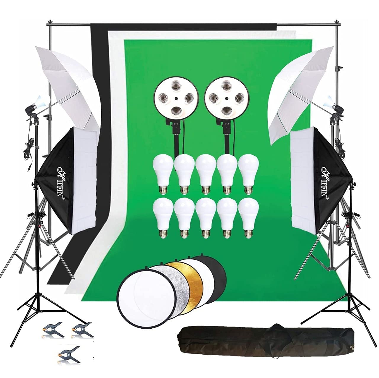 HIFFIN Lighting Kit Adjustable Max Size 8x14 ft Background Support System 3 Color Backdrop Fabric Photo Studio Softbox Sets Continuous Umbrella Light Stand with Portable Bag