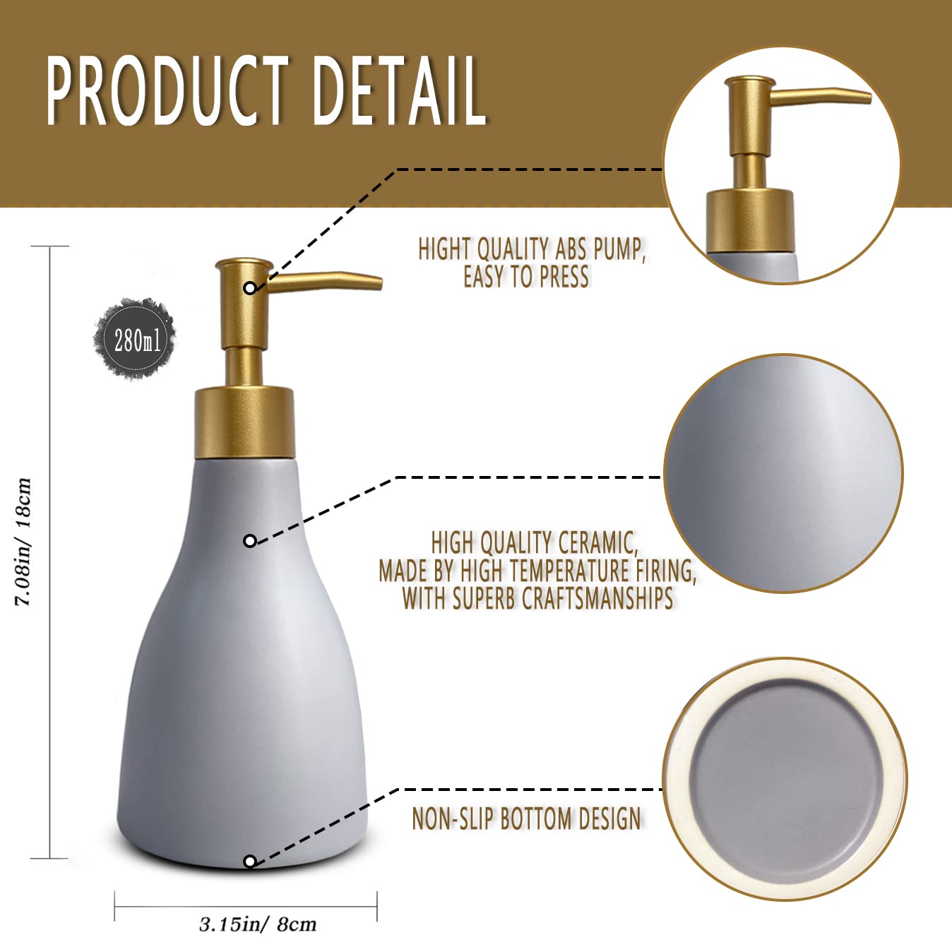 Dispensador de jabón líquido de 280 ml para baño con bomba dorada, dispensador de jabón para fregadero de cocina, dispensador de jabón de manos recargable de cerámica gris para encimera o ducha