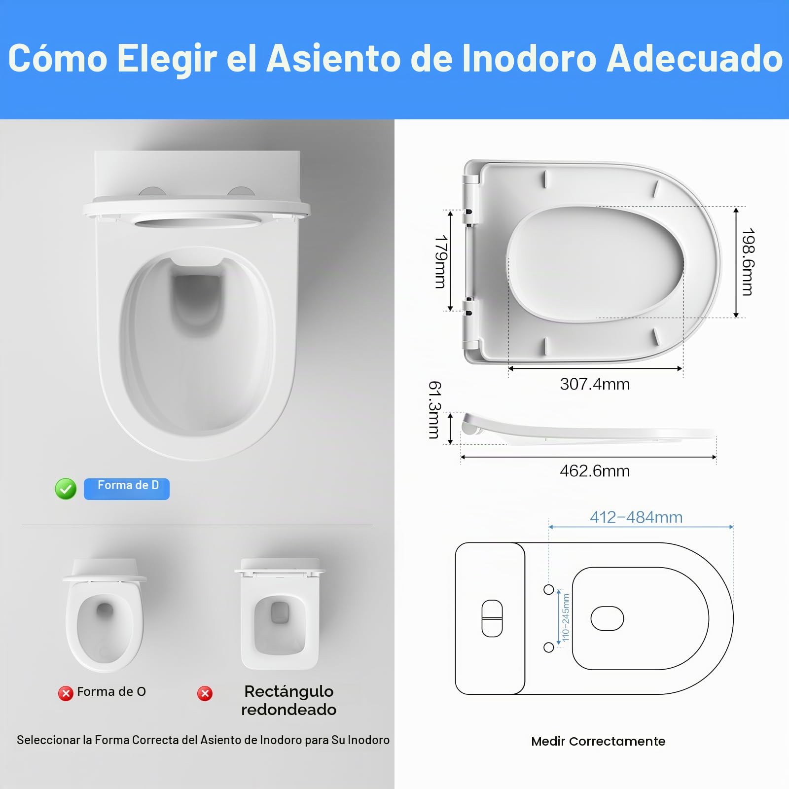Tapa WC Universal, Tapa Inodoro en Forma de U/D, Tapa WC con Cierre Suave, Toilet Seat Para Familia y Baño, Montaje Fácil y Resistente, Liberación Rápida para una Fácil Limpieza.