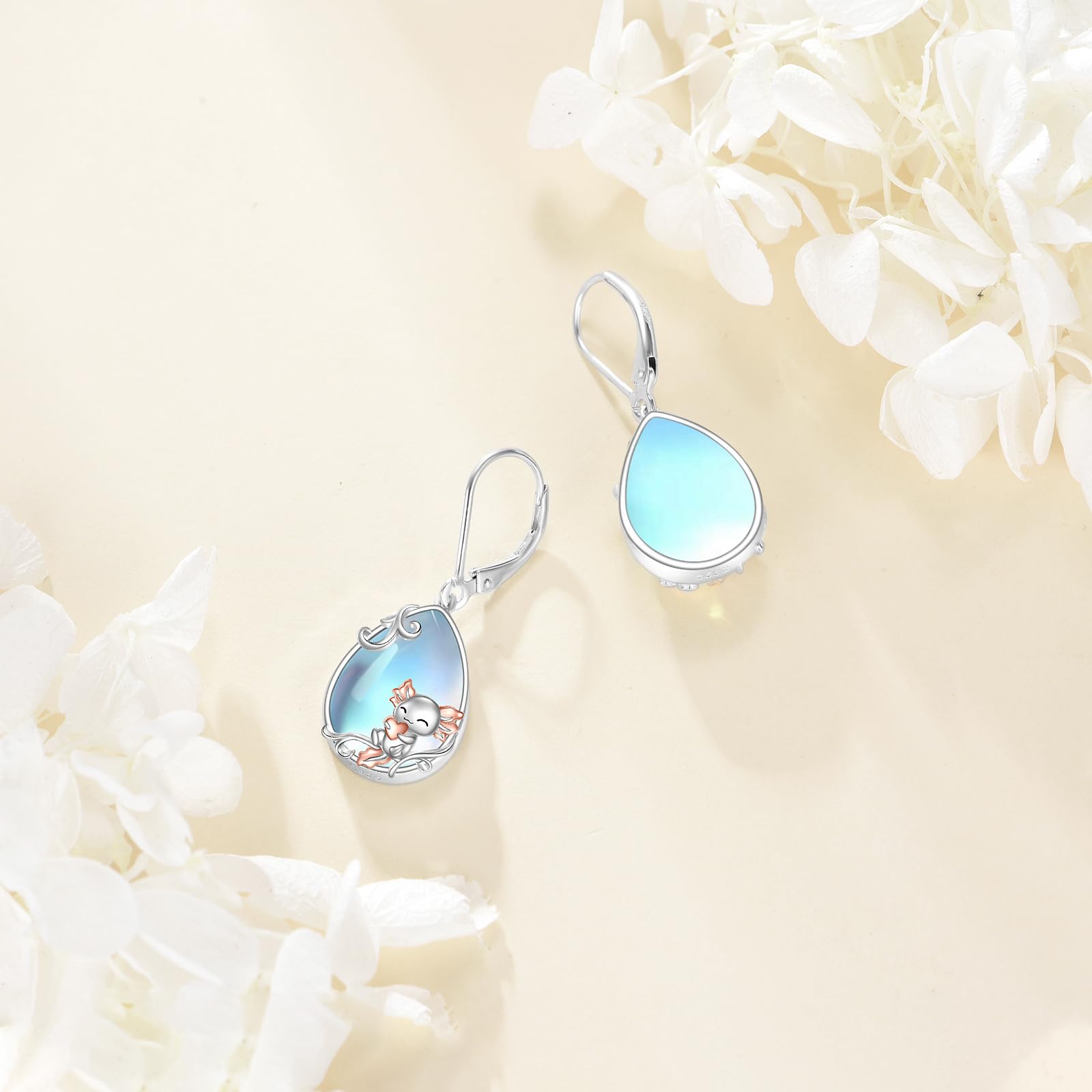 Katze/Kolibri/Fuchs/Axolotl Ohrringe für Damen 925 Sterling Silber Mondstein Baumeln Ohrringe Tier Tropfen Ohrring Schmuck Geschenke für Mädchen