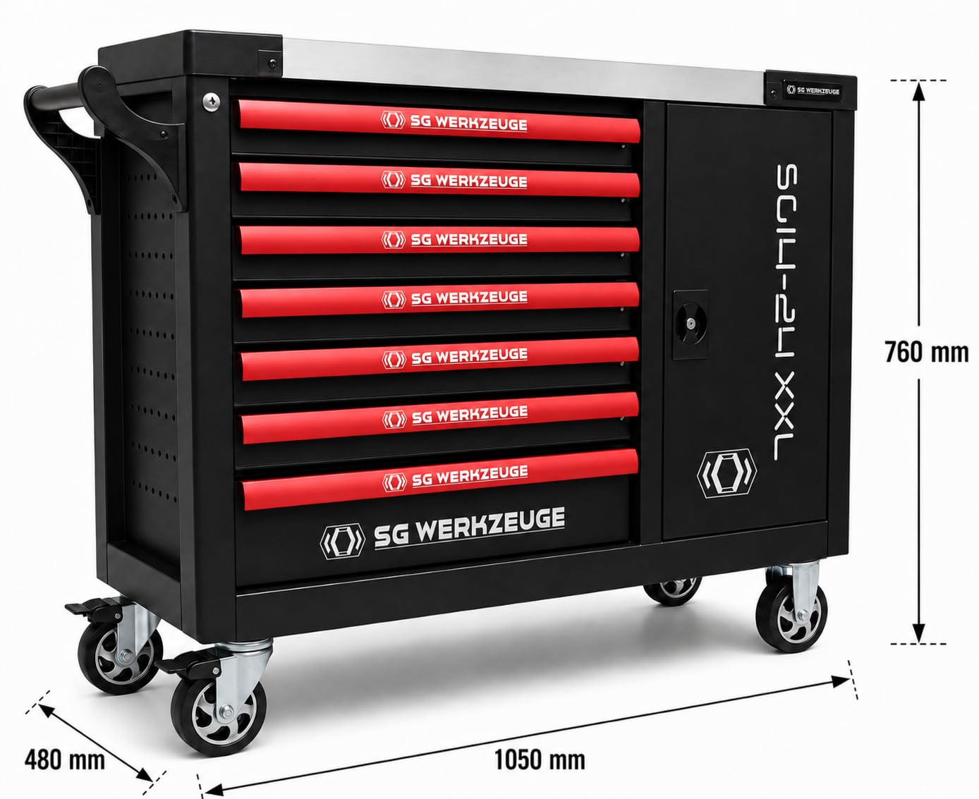 Chariot à outils XXL rempli de 7 tiroirs | Servante d'atelier de voiture avec insert aspect carbone | Boîte à outils de voiture équipée Red Black Edition