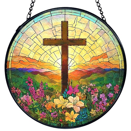 TNUW Flower Cross Stained Glass Window Hanging, Christian Wildflower Sunset Landscape Sun Catchers Indoor Window Glass Round Wall Art Decor, Religious Wall Hanging Decorations, 7.9＂x7.9＂