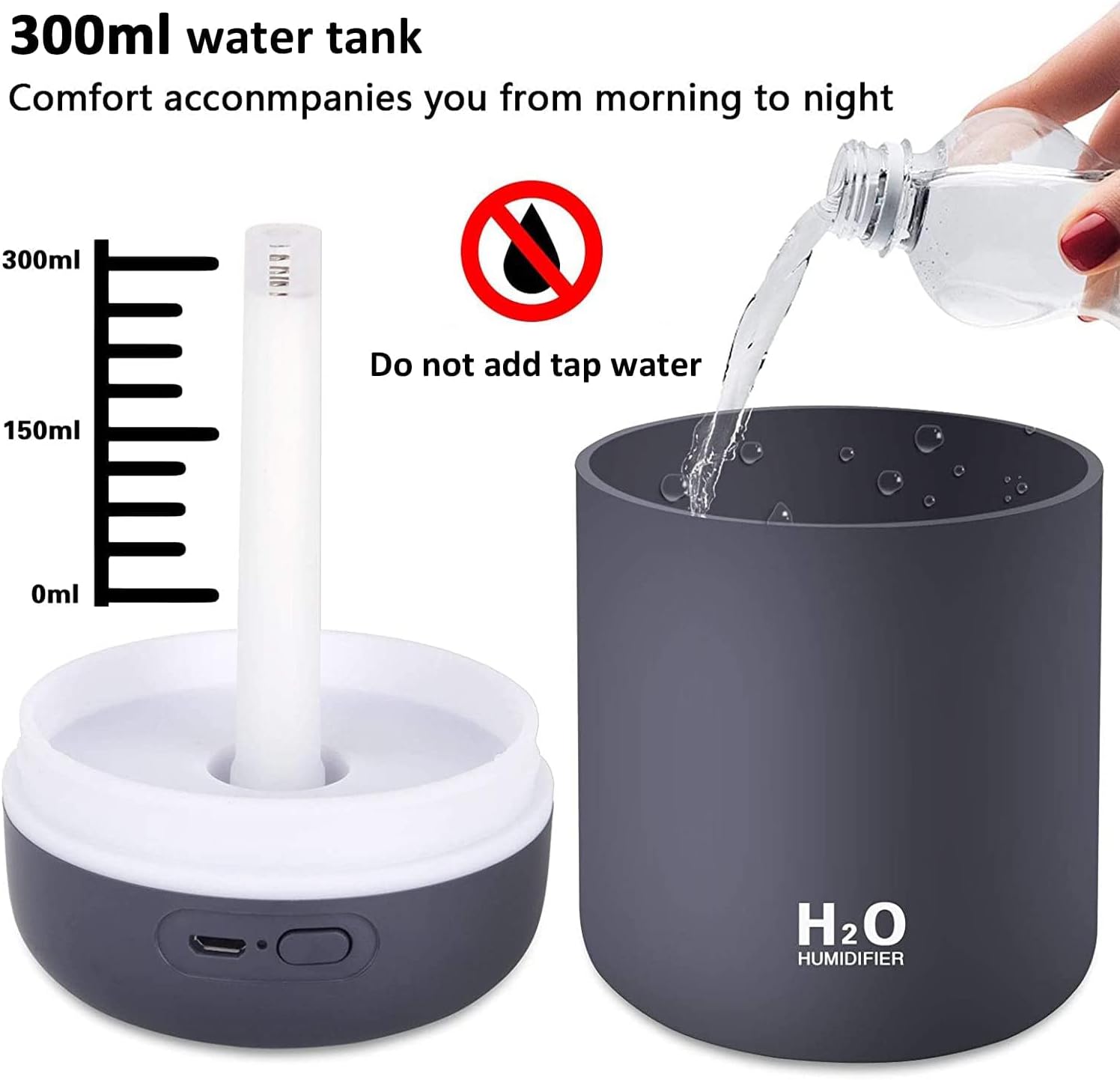 Mini Humidifier,300ml Small Cool Mist Humidifier with 7-Color LED Night Light,USB Personal Desktop Humidifier,2 Adjustable Mist Modes,Auto Shut-Off,Ultra Quiet,for Car,Office,Bedroom (Dark gray)