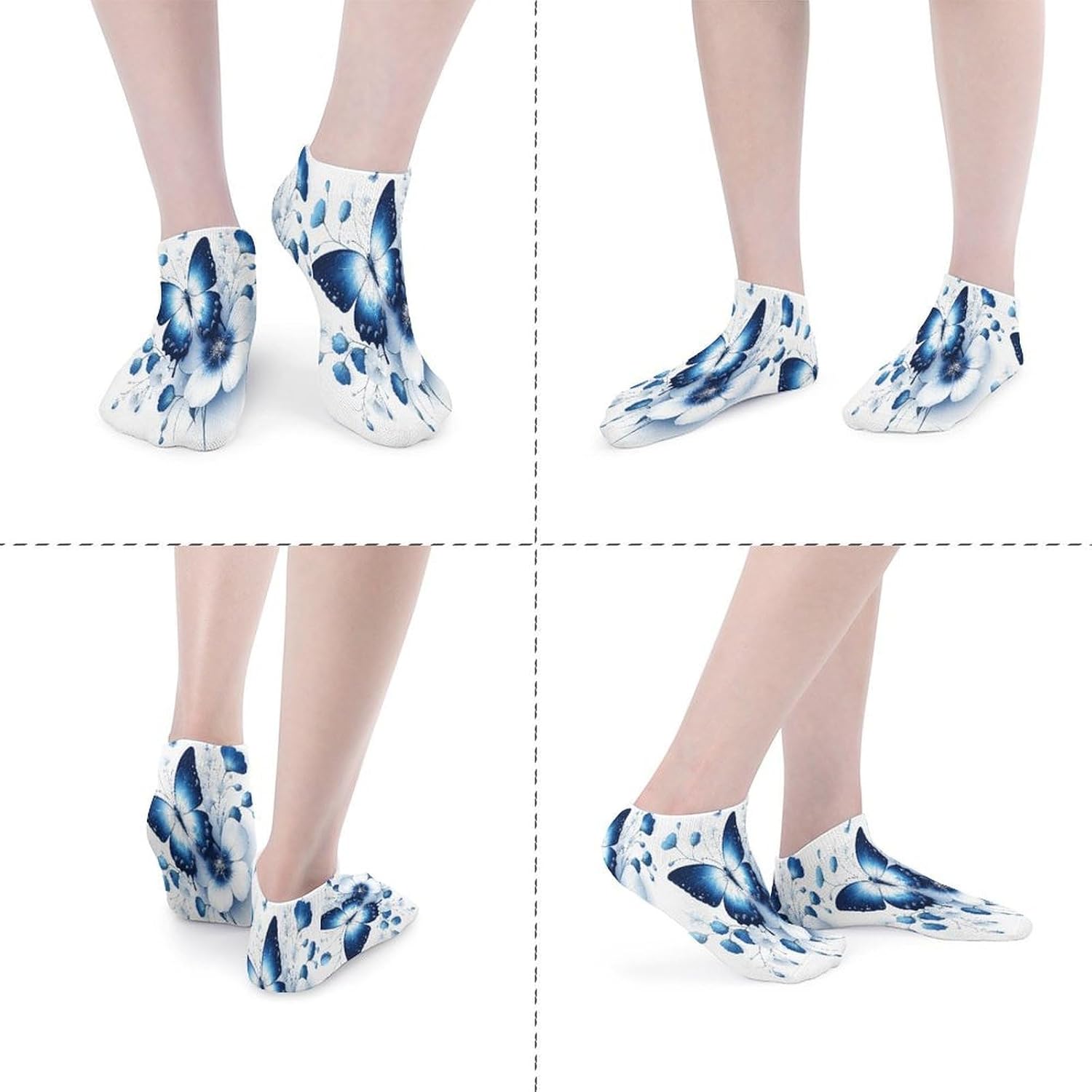 Blue Butterfly Flowers 5Pairs Low Cut Ankle Socks for Women No Show Casual Breathable Athletic Socks for Sport