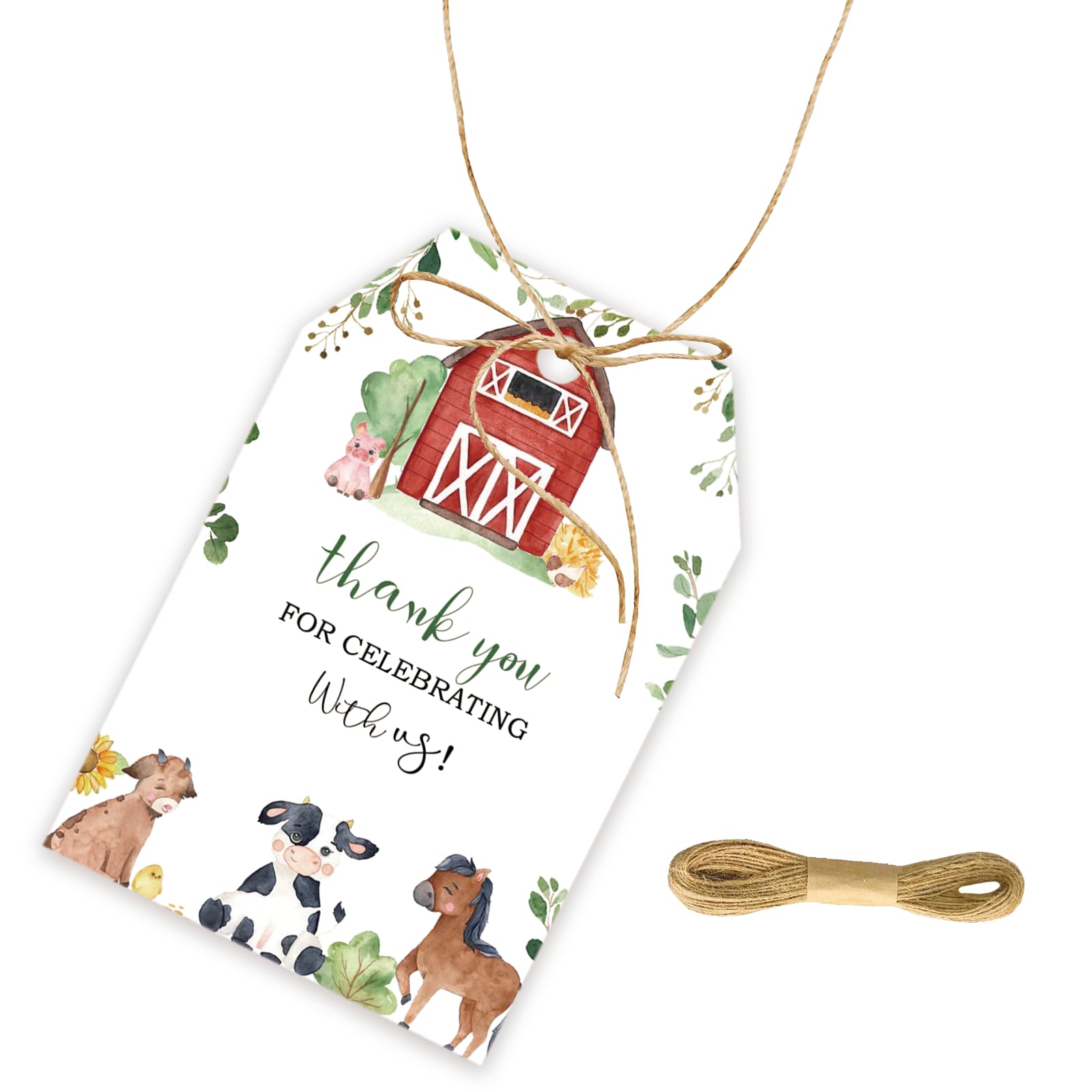 50pcs Farm Thank You Tags, Farm Animals Gift Tag with String for Gender Reveal Party, Pig/Duck/Horse Thank You Paper Tags for Farm Themed Birthday Party Favors